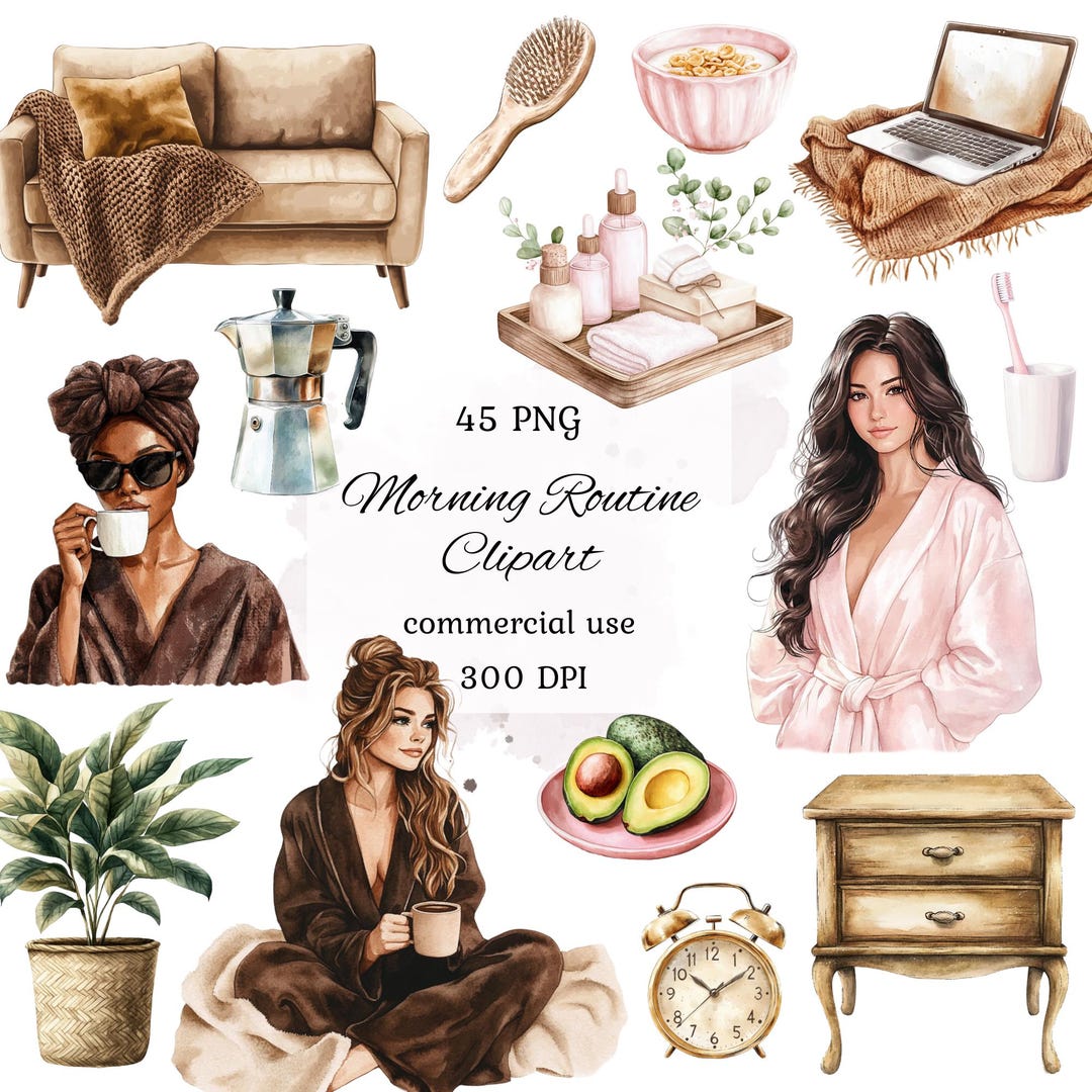Visuals Morning Routine Female Watercolor Morning Routine Clipart Png Bundle, Morning Routine Visuals ...