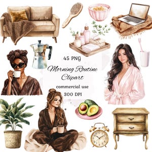 Aquarel ochtendroutine clipart png-bundel, visuals ochtendroutine, relax clipart, badkamer clipart, ochtendritueel, plakboek