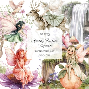 Bundle png de clipart fée printemps aquarelle, clipart fée rose, clipart fée magique, jardin féerique d'été, clipart fée lunatique, cerf