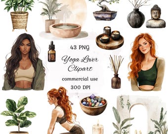 May include: A digital illustration set of 43 watercolor yoga and wellness clipart images. The set includes images of women, plants, candles, crystals, and other items related to yoga and wellness. The text "43 PNG Yoga Lover Clipart commercial use 300 DPI" is included in the image.