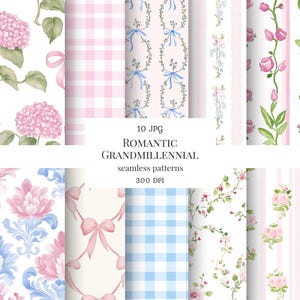 Watercolor romantic grandmillennial seamless pattern, hydrangea jpg pattern, pastel floral digital paper, plaid, bow, repeating pattern