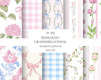 May include: Ten seamless patterns with a romantic, floral, and gingham theme. The designs include watercolour illustrations of hydrangeas, bows, and floral arrangements in pink, blue, and white. Text reads "Romantic Grandmillennial" and "seamless patterns".
