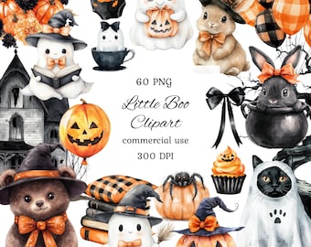 以下が含まれることがあります： ハロウィーンをテーマにしたクリップアートのコレクション。お化け、カボチャ、クマ、ウサギ、猫がキュートな漫画スタイルで描かれています。画像には「Little Boo Clipart」と「commercial use」の文字が含まれています。