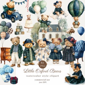 以下が含まれることがあります： 様々な衣装と設定の愛らしいテディベアを描いた水彩スタイルのクリップアート。青い車を運転したり、風船を持ったり、チェック柄の服を着たクマが含まれています。画像には、家、ケーキ、その他の装飾要素も含まれています。