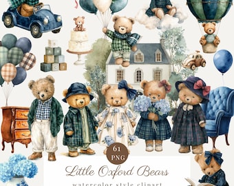Aquarell Teddybären, Clipart, PNG-Bundle, grandmillennial, Märchenbuch-Kinderzimmer, digitaler Download