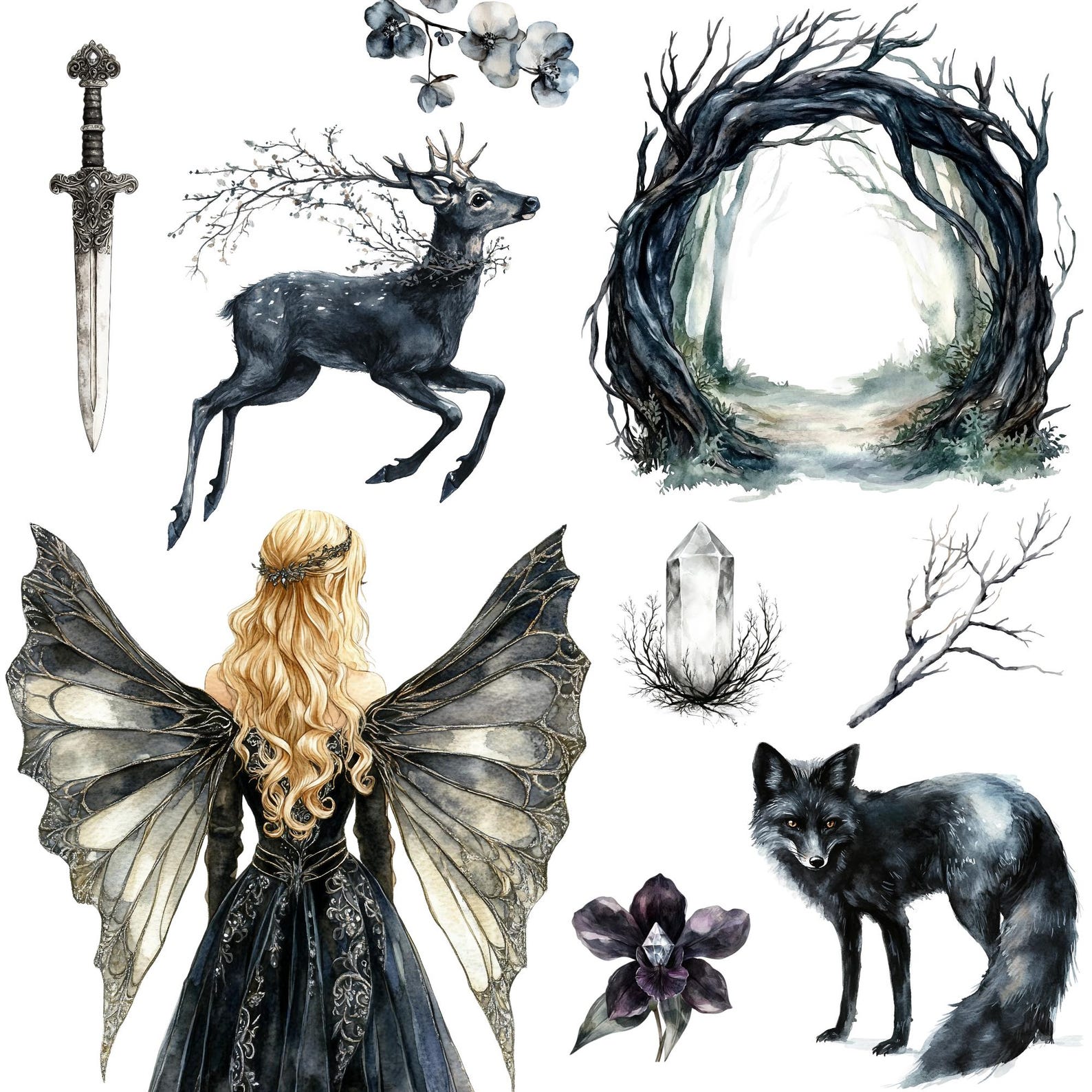 Watercolor Dark Fairy Clipart Png Bundle, Black Fairy Tale, Gothic ...