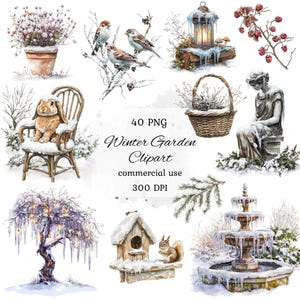 Aquarel wintertuin clipart, aquarel winter clipart, winter wonderland clipart, winterlandschap, winter bloem clipart, plakboek