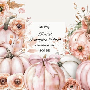 Akvarell pastellpumpa clipart png-paket, söt rosa flickhöst, kokett blommig pumpa-rosett, pastellhöst halloween, scrapbooking
