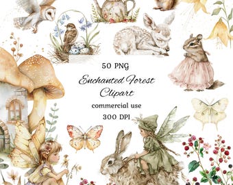 Enchanted forest watercolor clipart png bundle, mystical clipart, fairy forest, fairytale clipart, commercial use, scrapbooking