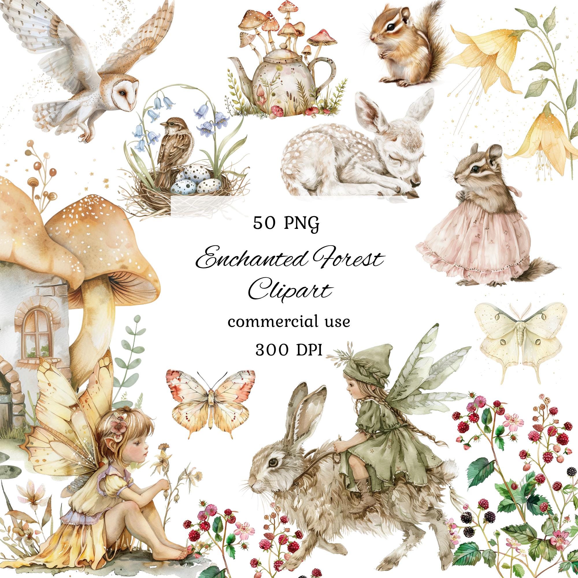 Enchanted Forest Watercolor Clipart Png Bundle, Mystical Clipart, Fairy ...