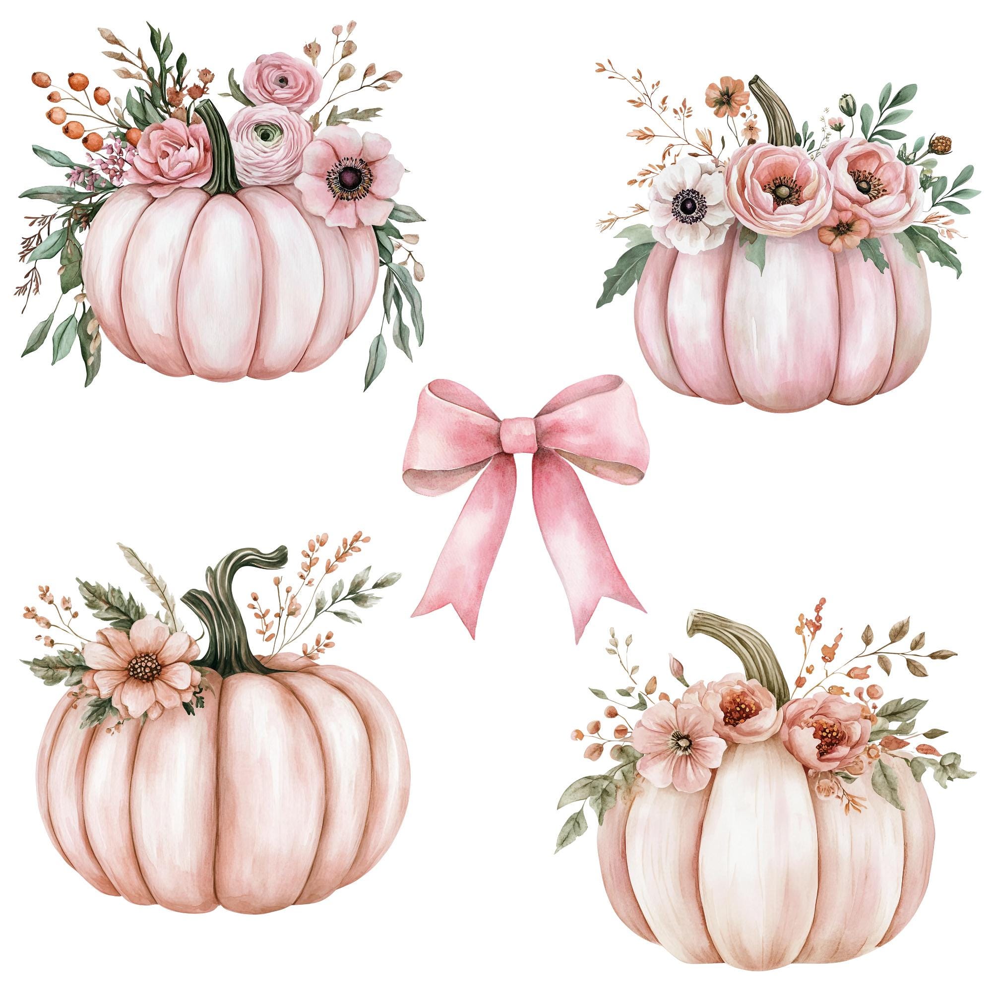 Watercolor Pastel Pumpkin Clipart Png Bundle, Cute Pink Girly Autumn ...