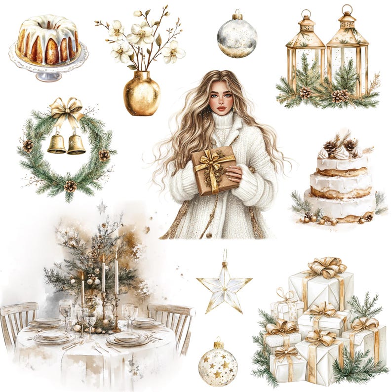 Gold Christmas Clipart Png Bundle, Watercolor Winter Clipart, Gold