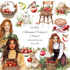 Aquarell Apfelernte Clipart, rote Apfelernte, gemütliche Herbsternte, gemütlicher Bauernhof, Scrapbooking