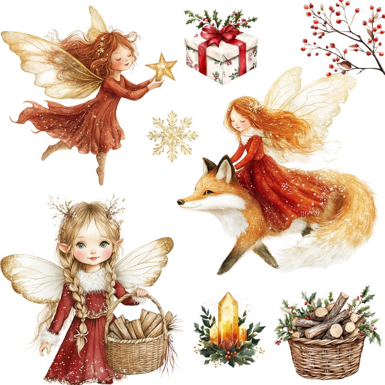 Watercolor Christmas Fairy Clipart Png Bundle, Red Fairy Forest, Winter ...