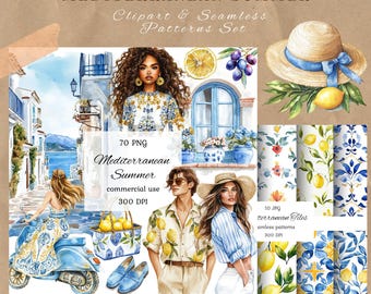 May include: Watercolor illustrations featuring a Mediterranean summer theme. Includes images of people, buildings, lemons, patterns, and a straw hat with a blue ribbon. The text reads "Mediterranean Summer Clipart & Seamless Patterns Set."