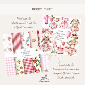 Peut inclure: Collection d'art num&eacute;rique sur le th&egrave;me de la fraise. L'image comprend des illustrations de lapins en robes, un g&acirc;teau et des motifs. Le texte comprend "Berry Sweet", "Berry First Clipart" et "Strawberry Garden seamless patterns."