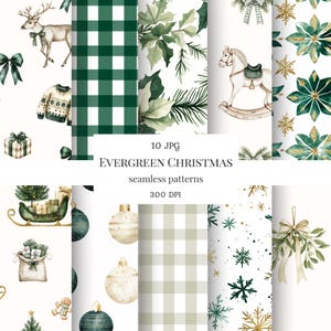 Può includere: Una collezione di dieci motivi senza soluzione di continuità "Evergreen Christmas" in formato JPG. I disegni presentano illustrazioni ad acquerello di elementi natalizi come renne, ornamenti e motivi a quadri. L'immagine include il testo "300 DPI".