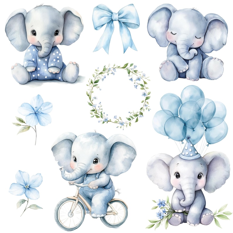 Watercolor Blue Baby Elephants Clipart Png Bundle, Blue Elephant Baby ...