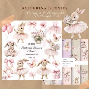 May include: A digital art set titled "Ballerina Bunnies" featuring watercolor illustrations. The set includes images of bunnies in pink tutus, bows, flowers, butterflies, and ballet dresses. The set also includes seamless patterns. The text on the image says "Clipart & Seamless Patterns Set".