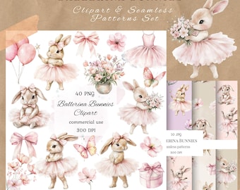 Bundle aquarelle ballerine lapin clipart png, lapin floral, ballerine rose, baby shower de ballerine lapin, scrapbooking, motif répétitif