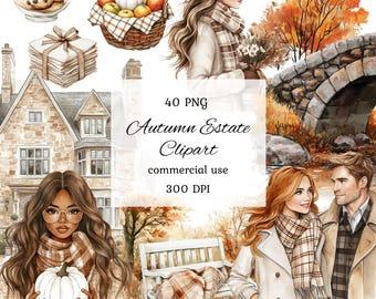 Watercolor rustic autumn clipart png bundle, neutral autumn reading, elegant fall landscape, cozy fall girl, countryside, autumn planner
