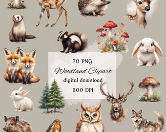 Watercolor woodland forest animals clipart, cute woodland animals clipart, digital download