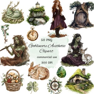 Goblincore clipart png bundle, fantasy clipart, green witch clipart, cottagecore, whimsical clipart, fairytale, commercial use, scrapbooking