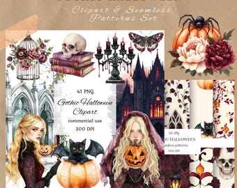 Bundle aquarelle gothique halloween clipart png, clipart sorcellerie, sorcellerie gothique png, crâne gothique halloween, papier de scrapbooking