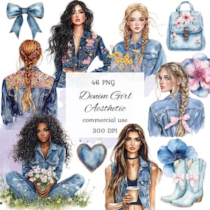 Op de afbeelding: Een set van 46 digitale illustraties met vrouwen in denim, bloemen en accessoires. De illustraties zijn in aquarelstijl en hebben een denim-esthetiek. De tekst "46 PNG Denim Girl Aesthetic commercial use 300 DPI" is in de afbeelding opgenomen.