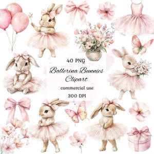 Bundle di clipart png di coniglietti ballerina ad acquerello, clipart di coniglietti floreali, clipart di ballerine rosa, baby shower di ballerine conigliette, scrapbooking