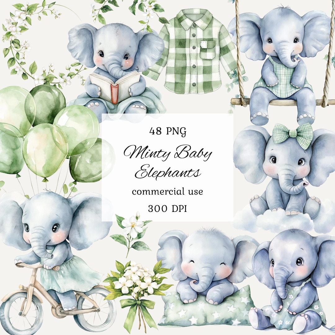Watercolor Green Baby Elephants Clipart Png Bundle, Green Elephant Baby ...