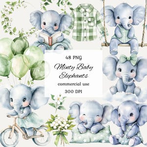 Bundle di clipart png con elefantini verdi ad acquerello, clipart di baby shower con elefante verde, clipart di palloncini con elefante, clipart di elefante verde