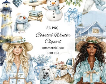 Watercolor coastal christmas clipart png bundle, beach christmas ornament, palm tree christmas lighthouse, seashell, wreath, scrapbooking
