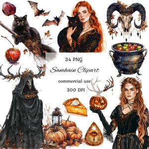 Samhain watercolor clipart png bundle, celtic neopagan wiccan clipart, witchcraft, witch clipart, commercial use, scrapbooking, junk journal