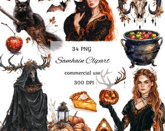 Samhain watercolor clipart png bundle, celtic neopagan wiccan clipart, witchcraft, witch clipart, commercial use, scrapbooking, junk journal