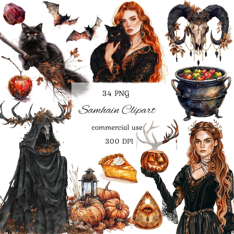 Samhain watercolor clipart png bundle, celtic neopagan wiccan clipart, witchcraft, witch clipart, commercial use, scrapbooking, junk journal image 1