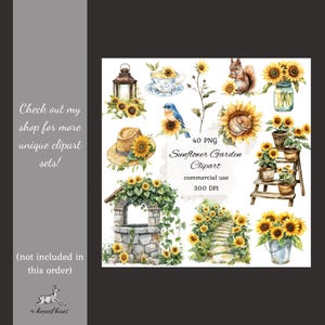 May include: A set of 40 watercolor sunflower clipart images. The images include a sunflower in a hat, a sunflower in a mason jar, a sunflower on a ladder, a sunflower in a watering can, a sunflower with a bird, a sunflower with a squirrel, a sunflower with a sleeping mouse, a sunflower with a lantern, a sunflower with a teacup, and a sunflower with a well. The images are perfect for adding a touch of summer to your designs.