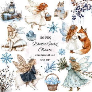 Winterfee clipart png-bundel, winterfee tuin clipart, blauwe fee clipart, sprookjesachtige clipart, grillige feeën clipart, scrapbooking