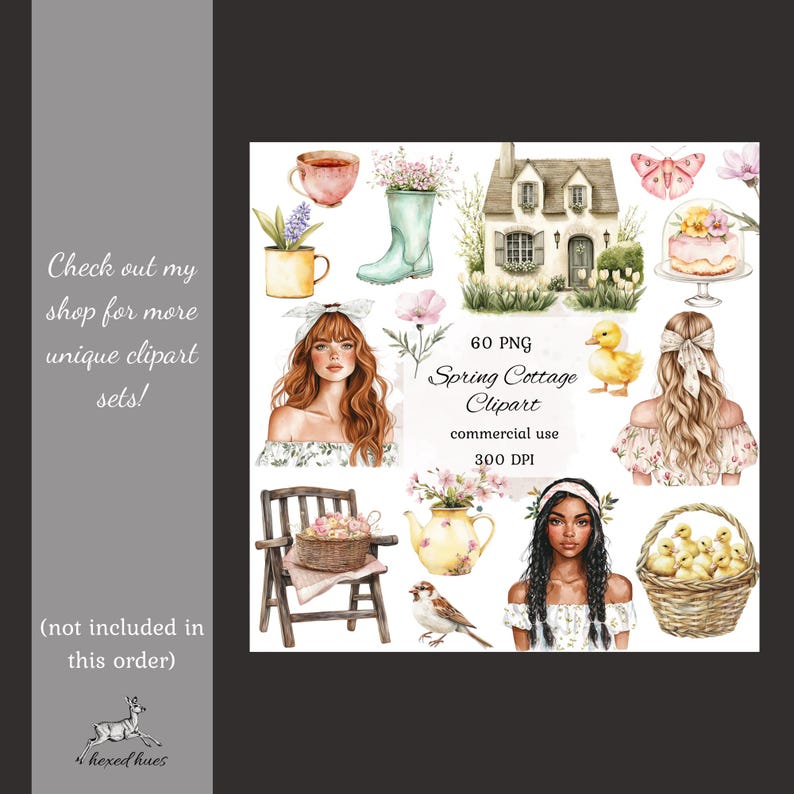 May include: A set of 60 digital clipart images featuring a cottage, flowers, ducks, teacups, a woman with red hair, a woman with dark hair, a bird, a basket of flowers, a basket of ducklings, and a cake. The clipart is in a watercolor style and is perfect for spring-themed projects.
