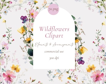 Pacchetto di clipart png di fiori selvatici ad acquerello, bordo di fiori selvatici rosa, bouquet di fiori selvatici da sposa, download digitale