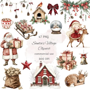 Könnte beinhalten: Ein Aquarell-Illustrationsset mit 47 Weihnachts-Clipart-Bildern. Das Set enthält den Weihnachtsmann, ein Rentier, eine Schneekugel, ein Haus, einen Schlitten, Geschenke, eine Glocke, einen Stern, einen Sack mit Post und vieles mehr. Das Set ist perfekt zum Erstellen von Weihnachtskarten, Einladungen und anderen festlichen Projekten.