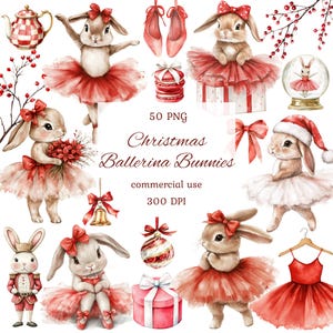Puede incluir: Ilustraciones en acuarela de conejitos bailarinas navideñas en varias poses. Los conejitos están representados con tutús, lazos y gorros de Papá Noel rojos y blancos. Otros elementos incluyen zapatillas de ballet, regalos y adornos. El texto dice "Christmas Ballerina Bunnies".