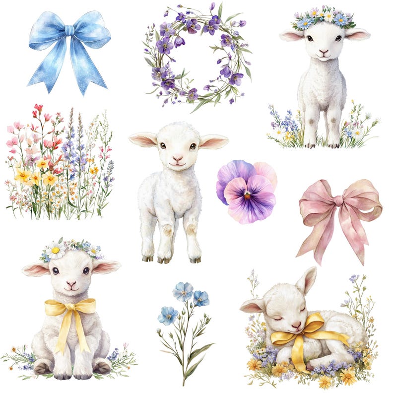 May include: Watercolor illustration of a set of cute lambs, flowers, and bows. The lambs are white with black eyes and noses. The flowers are in shades of pink, purple, and blue. The bows are pink and blue.