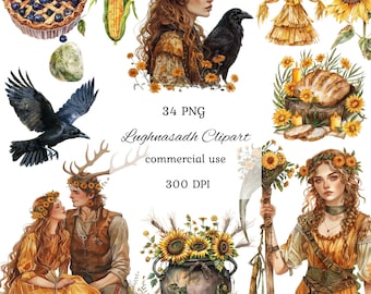 Lughnasadh watercolor clipart png bundle, Lammas, witch clipart, celtic neopagan wiccan clipart, commercial use, scrapbooking, junk journal