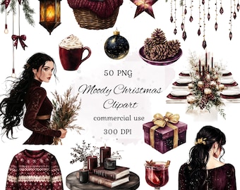 Moody christmas clipart png bundle, moody christmas tree, boho christmas, christmas ornaments clipart, elegant christmas, commercial use