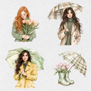 May include: Four watercolor illustrations of women with umbrellas and flowers. The first illustration shows a woman with long red hair holding a bouquet of pink tulips. The second illustration shows a woman with long brown hair holding a green and white umbrella. The third illustration shows a woman with long brown hair holding a green and white umbrella. The fourth illustration shows a woman with long brown hair holding a green and white umbrella and a bouquet of pink tulips.