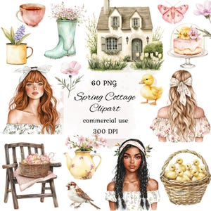 Bundle png aquarelle cottage clipart, clipart cottage mignon, clipart pique-nique printanier, clipart fille printemps, cottagecore, scrapbooking