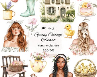 Watercolor spring cottage clipart png bundle, cute cottage clipart, spring picnic clipart, spring girl clipart, cottagecore, scrapbooking