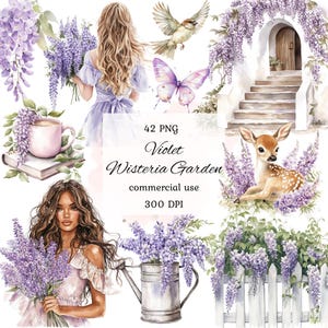 Bundle png de clipart jardin glycine aquarelle, clipart jardin aquarelle, clipart printemps, clipart cottagecore, scrapbooking