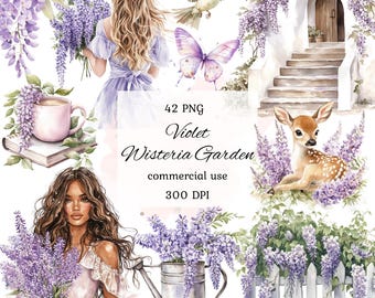 Watercolor wisteria garden clipart png bundle, watercolor garden clipart, spring clipart, cottagecore clipart, scrapbooking